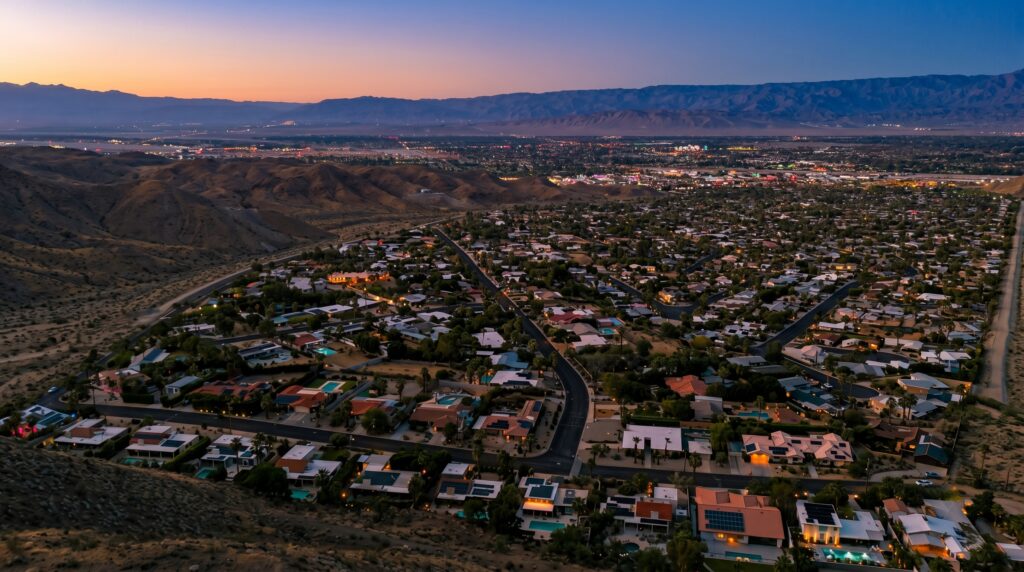A stunning twilight aerial view of Cathedral City Cove real estate, showing homes nestled against the beautiful desert mountains.